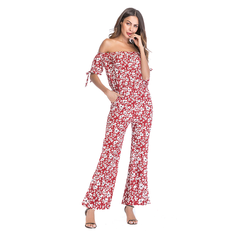Real photo 5436 quick sell through hot one-word neck open shoulder waist print Jumpsuit women's Cuffs tied rope pants