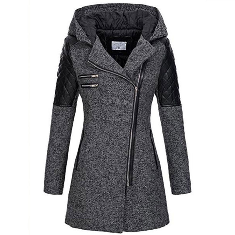Eaby Amazon popular women's clothing autumn winter mid long hooded loose diagonal zipper woolen windbreaker coat thick cotton coat