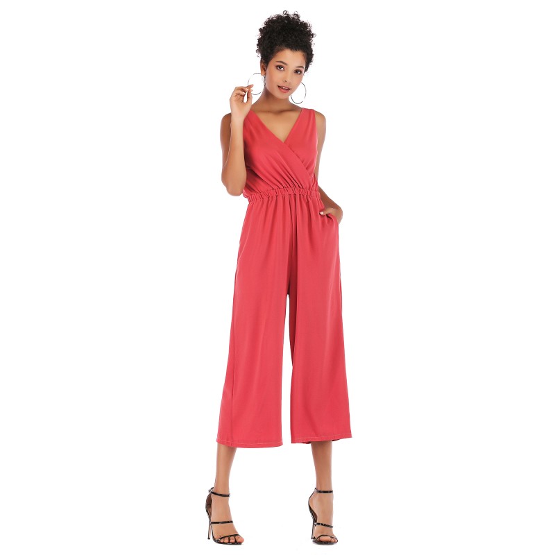 5954 sumitong hot selling V-neck waistband open back casual pants shoulder strap solid Chiffon Jumpsuit loose pants