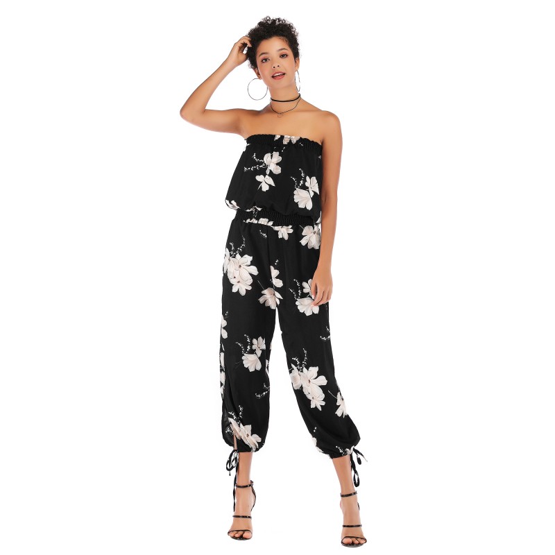 5939 Amazon express cross border popular one line collar slim back print casual Chiffon Jumpsuit