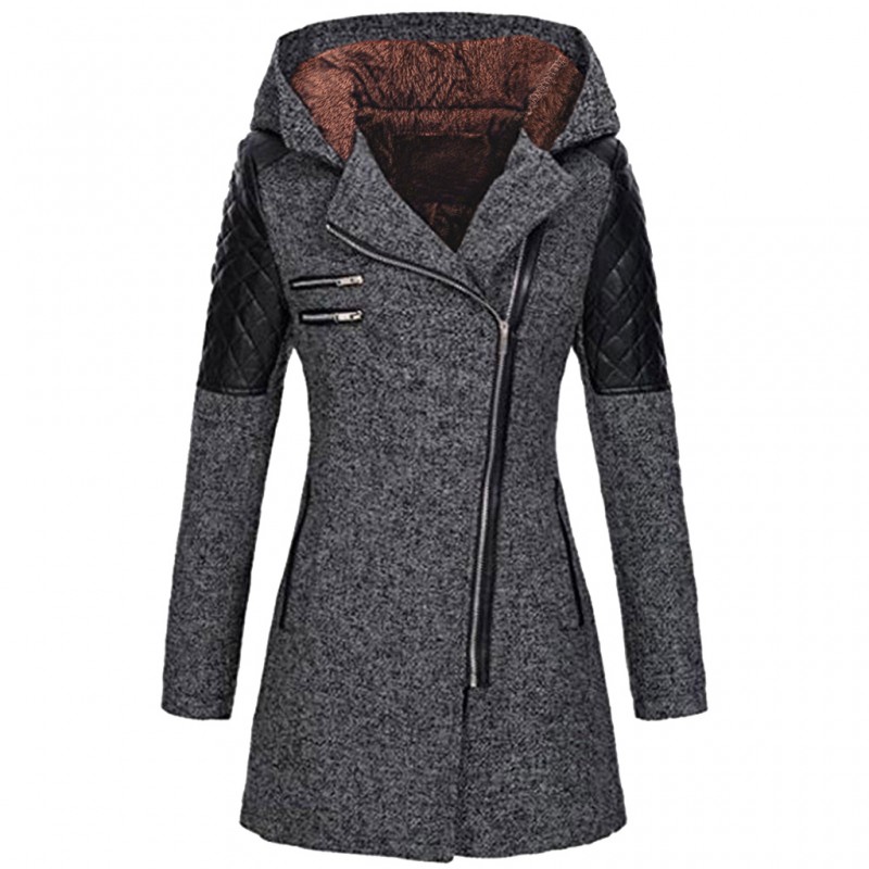 Amazon Women's autumn and winter mid long hooded loose diagonal zipper woolen windbreaker coat composite plush cotton jacket