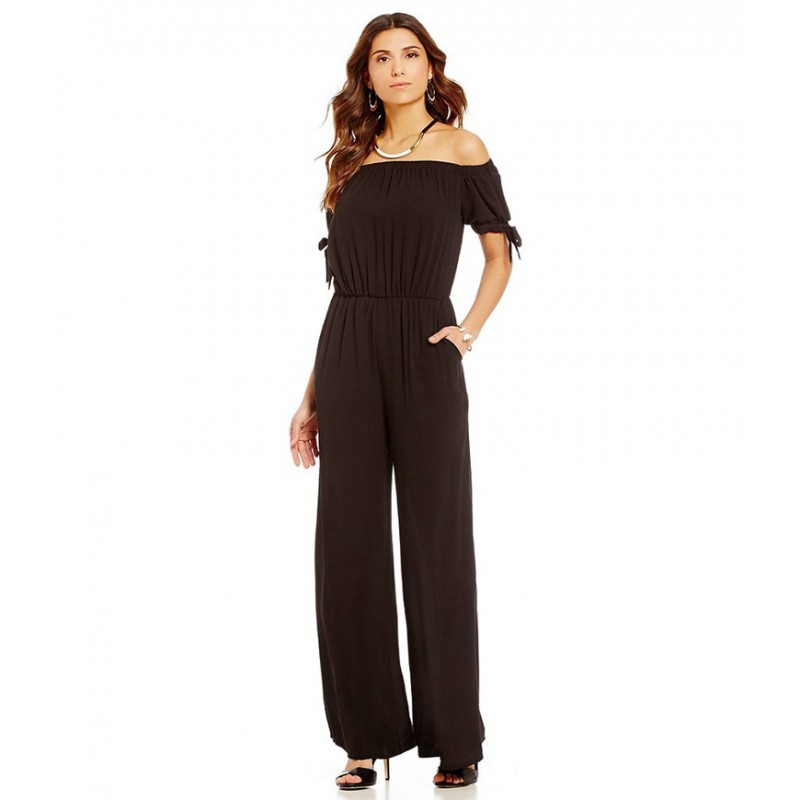 5397 quick sale one line collar off shoulder waist snow yarn Jumpsuit pants