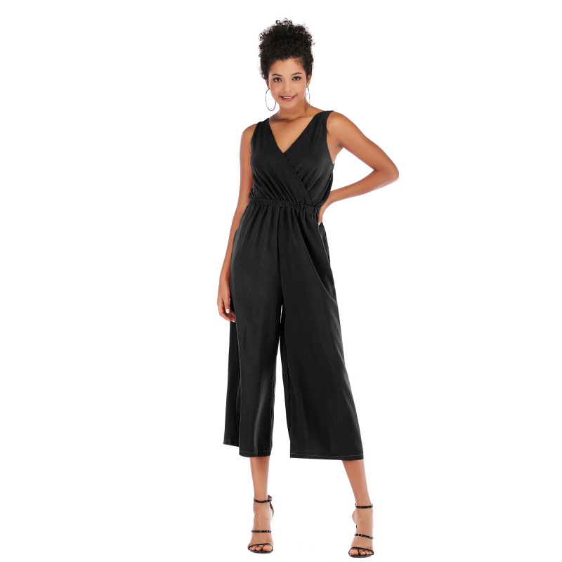 5954 sumitong hot selling V-neck waistband open back casual pants shoulder strap solid Chiffon Jumpsuit loose pants