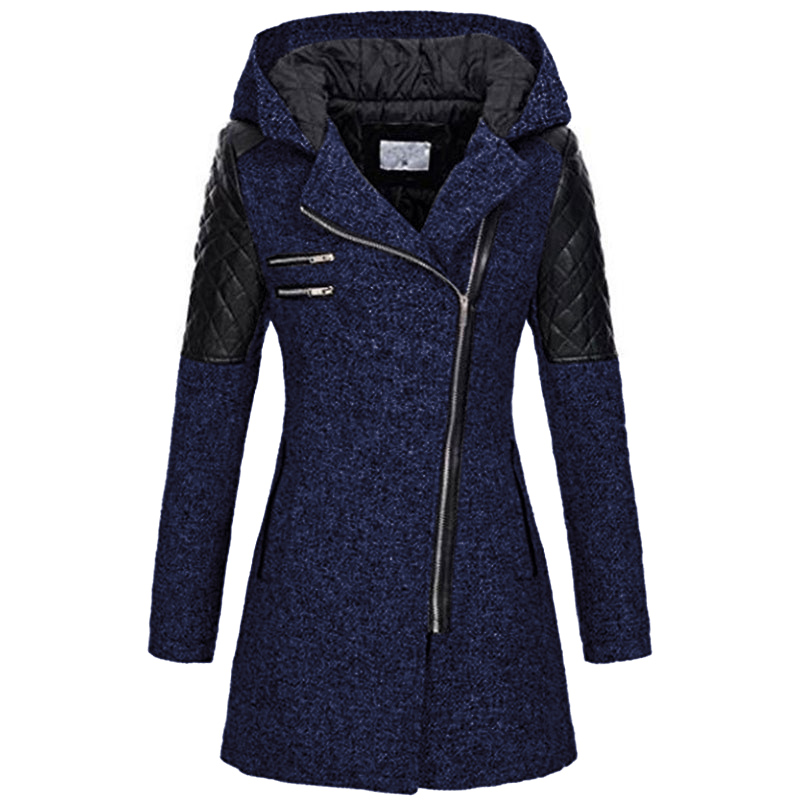 Eaby Amazon popular women's clothing autumn winter mid long hooded loose diagonal zipper woolen windbreaker coat thick cotton coat