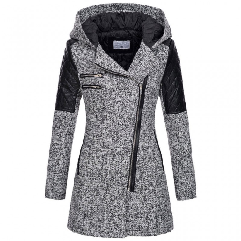 Eaby Amazon popular women's clothing autumn winter mid long hooded loose diagonal zipper woolen windbreaker coat thick cotton coat