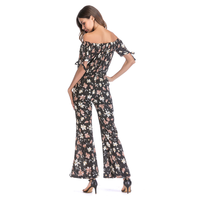 Real shot 5436 sumitong hot one line collar off shoulder waistband printed Jumpsuit with cuffs and lace up pants