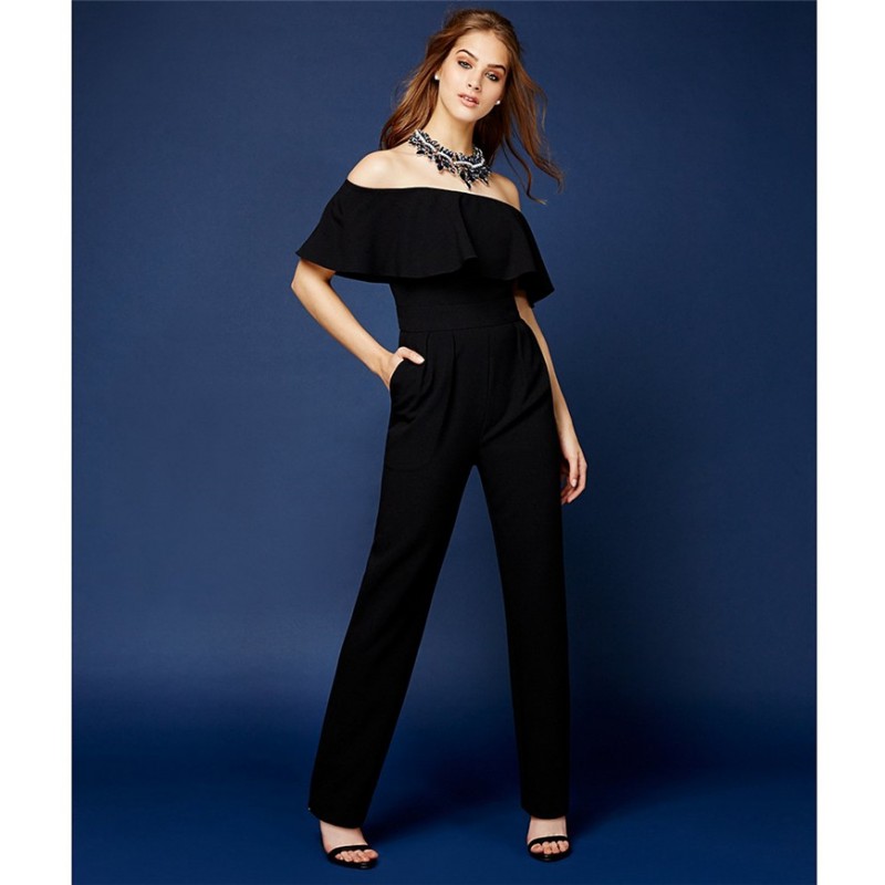 5398 Amazon hot one line collar ruffled Off Shoulder Waist snow yarn Jumpsuit pants