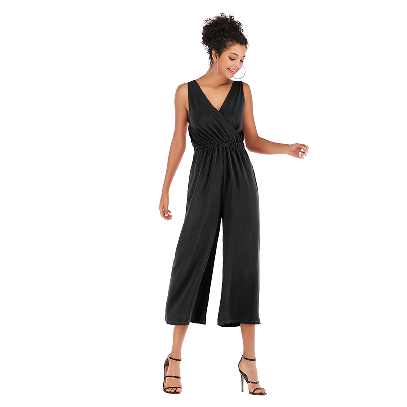 5954 sumitong hot selling V-neck waistband open back casual pants shoulder strap solid Chiffon Jumpsuit loose pants