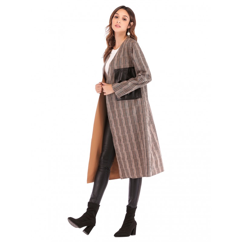 Real shot Amazon deerskin checked V-neck leather pocket long sleeve buttonless women's windbreaker cardigan 41314