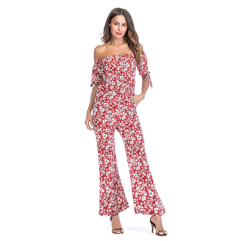 Real photo 5436 quick sell through hot one-word neck open shoulder waist print Jumpsuit women's Cuffs tied rope pants