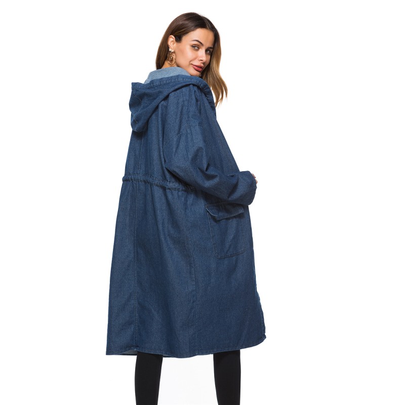 Large women's coat Amazon foreign trade autumn popular medium and long denim hooded windbreaker cross border trend