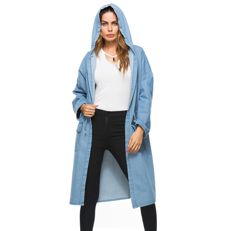 Large women's coat Amazon foreign trade autumn popular medium and long denim hooded windbreaker cross border trend