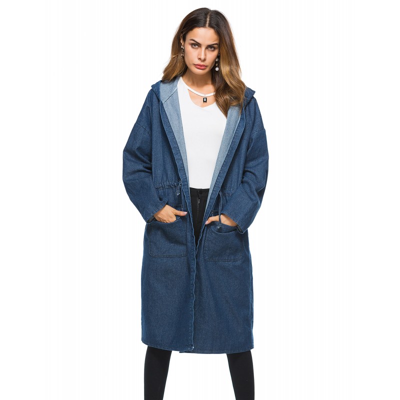 Large women's coat Amazon foreign trade autumn popular medium and long denim hooded windbreaker cross border trend