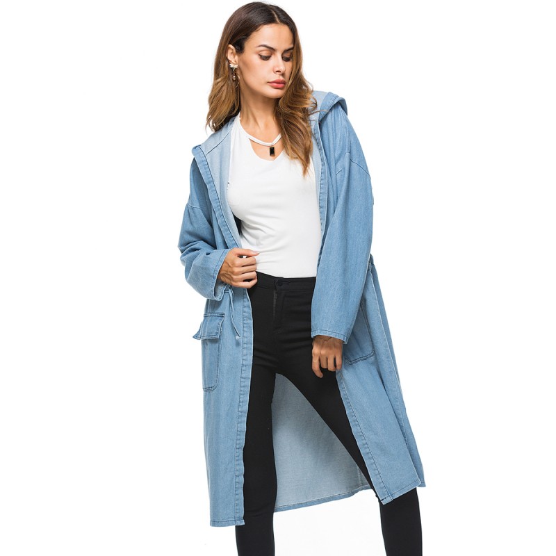Large women's coat Amazon foreign trade autumn popular medium and long denim hooded windbreaker cross border trend